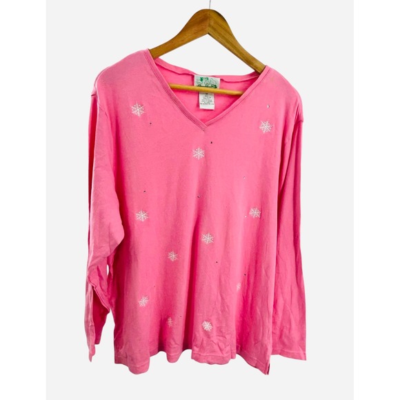 The Quacker Factory Pink Snowflake Embroidered Long Sleeve Top 2X - Picture 1 of 7
